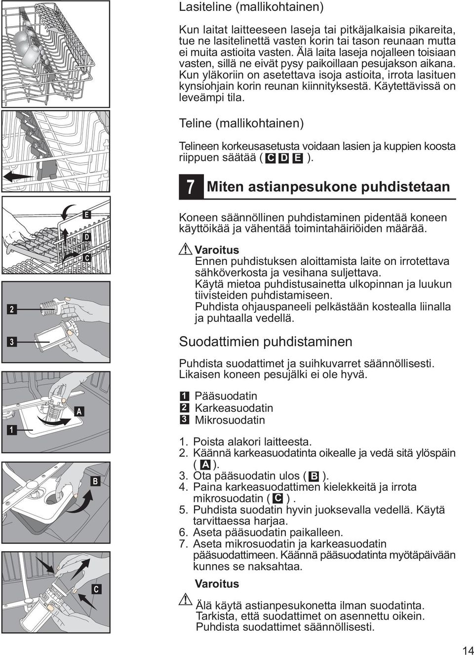 Käytettävissä on leveämpi tila. Teline (mallikohtainen) Telineen korkeusasetusta voidaan lasien ja kuppien koosta riippuen säätää ( C D E ).