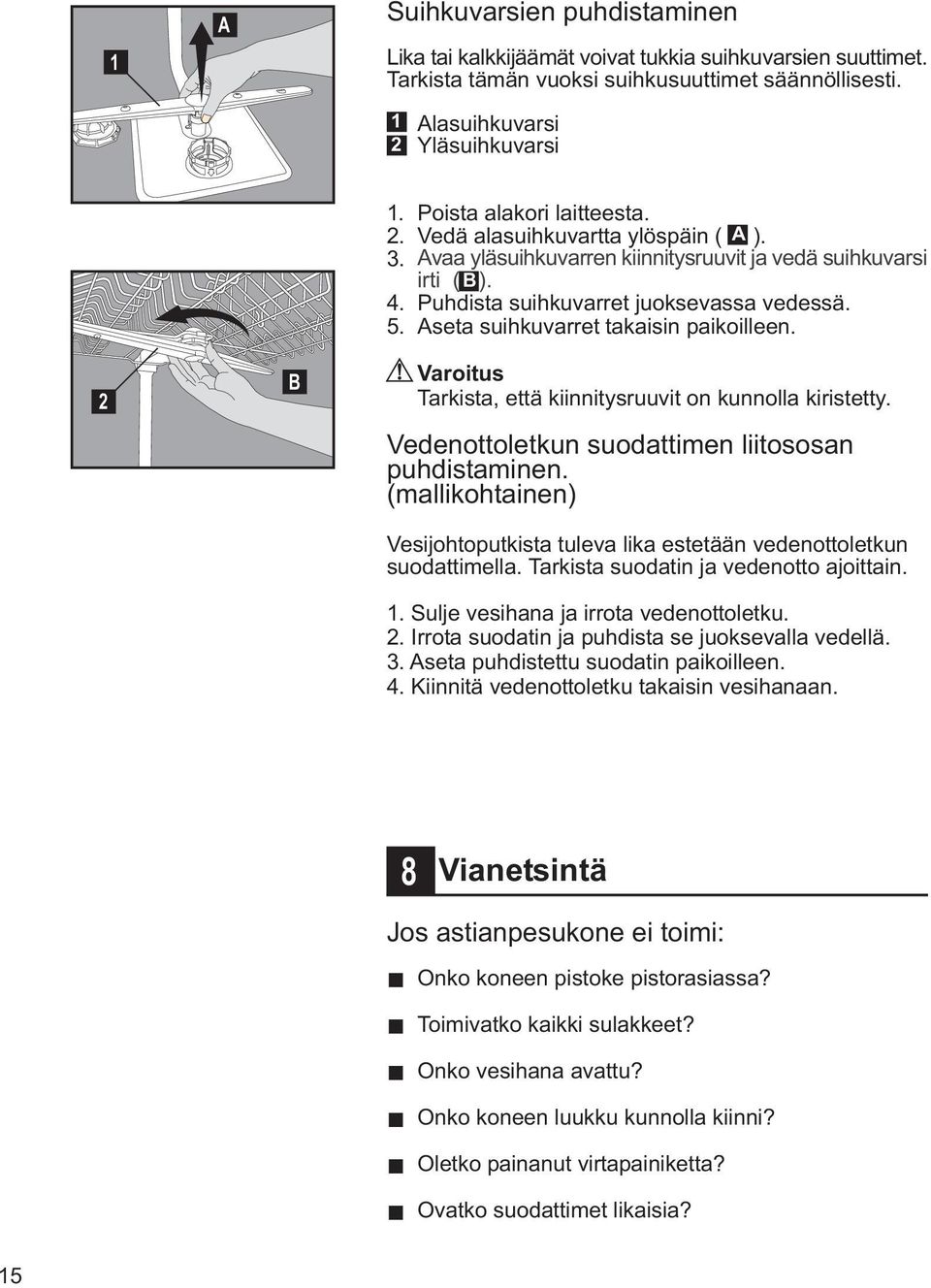 Aseta suihkuvarret takaisin paikoilleen. 2 B Varoitus Tarkista, että kiinnitysruuvit on kunnolla kiristetty. Vedenottoletkun suodattimen liitososan puhdistaminen.