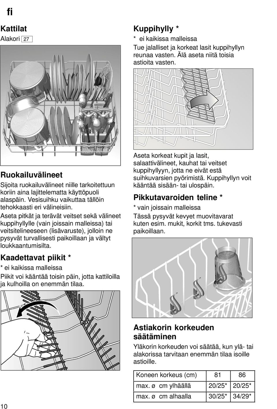 Aseta pitkät ja terävät veitset sekä välineet kuppihyllylle (vain joissain malleissa) tai veitsitelineeseen (lisävaruste), jolloin ne pysyvät turvallisesti paikoillaan ja vältyt loukkaantumisilta.