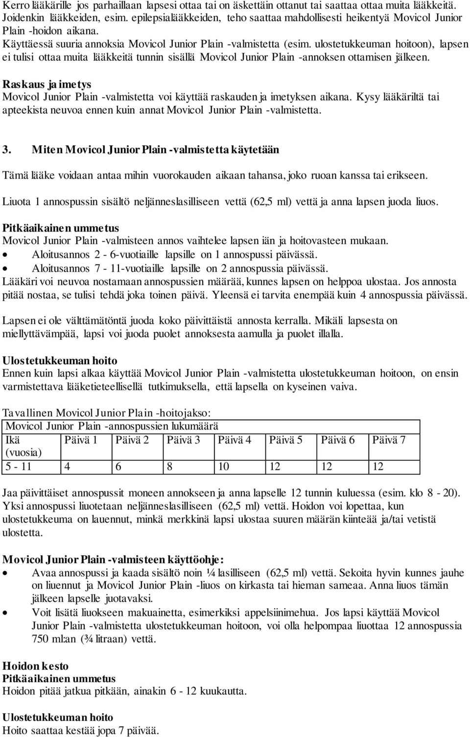 ulostetukkeuman hoitoon), lapsen ei tulisi ottaa muita lääkkeitä tunnin sisällä Movicol Junior Plain -annoksen ottamisen jälkeen.