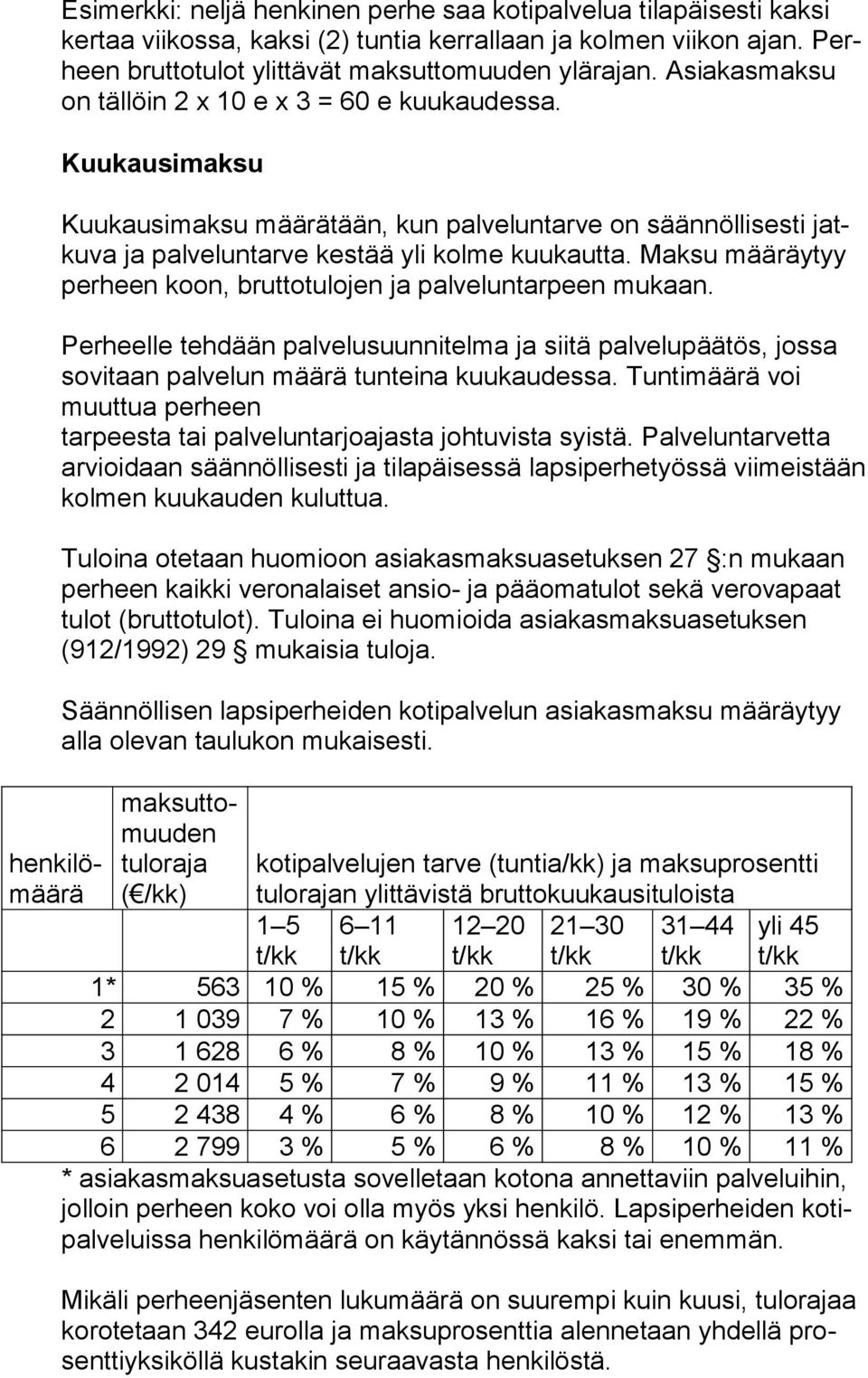 Maksu määräytyy per heen koon, bruttotulojen ja palveluntarpeen mukaan. Perheelle tehdään palvelusuunnitelma ja siitä palvelupäätös, jossa so vi taan palvelun määrä tunteina kuukaudessa.
