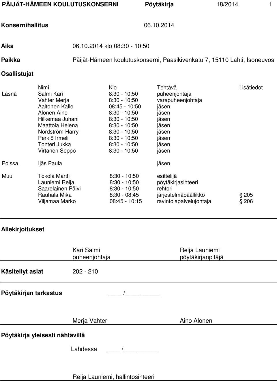 2014 klo 08:30-10:50 Paikka Päijät-Hämeen koulutuskonserni, Paasikivenkatu 7, 15110 Lahti, Isoneuvos Osallistujat Nimi Klo Tehtävä Lisätiedot Läsnä Salmi Kari 8:30-10:50 puheenjohtaja Vahter Merja