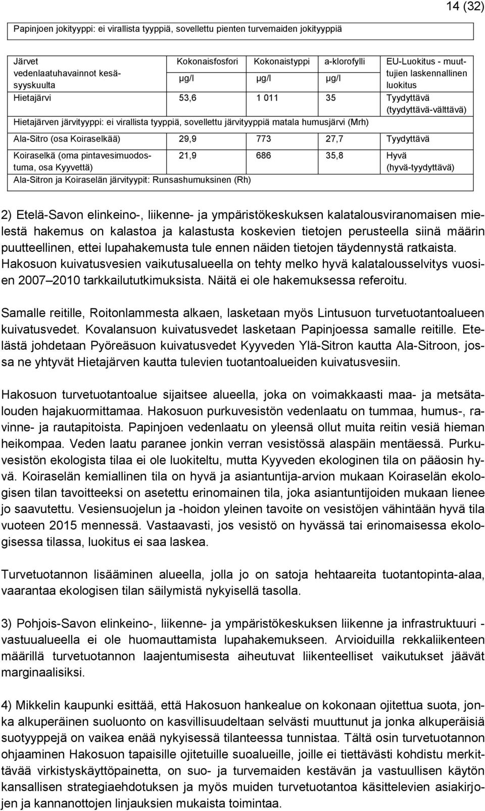 humusjärvi (Mrh) Ala-Sitro (osa Koiraselkää) 29,9 773 27,7 Tyydyttävä Koiraselkä (oma pintavesimuodostuma, osa Kyyvettä) 21,9 686 35,8 Hyvä (hyvä-tyydyttävä) Ala-Sitron ja Koiraselän järvityypit: