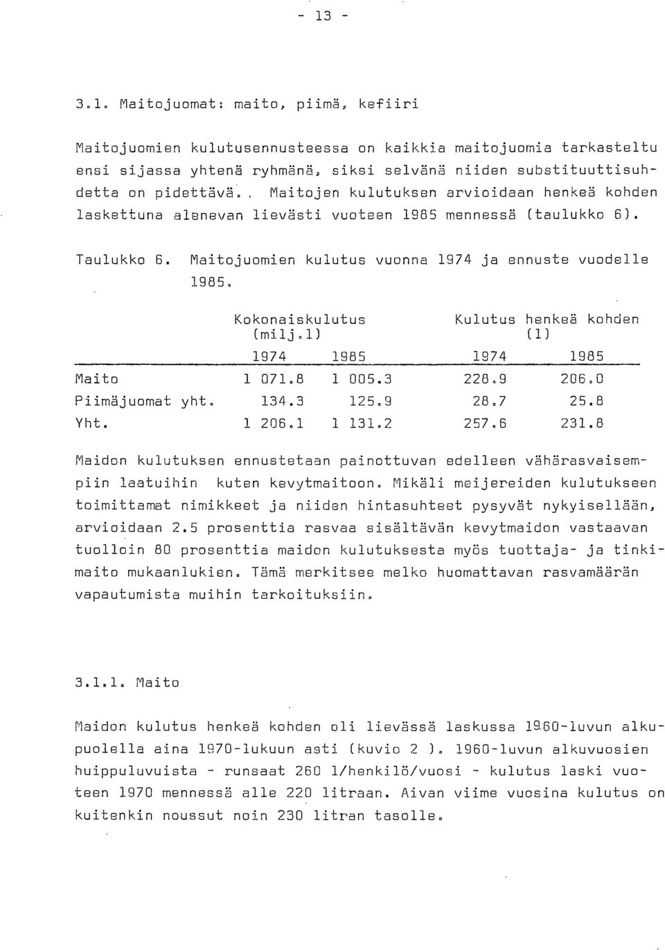 Kokonaiskulutus Kulutus henkeä kohden (milj.1) (1) 1974 1985 1974 1985 Maito 1 071.8 1 005.3 228.9 206.0 Piimäjuomat yht. 134.3 125.9 28.7 25.8 Yht. 1 206.1 1 131.2 257.6 231.
