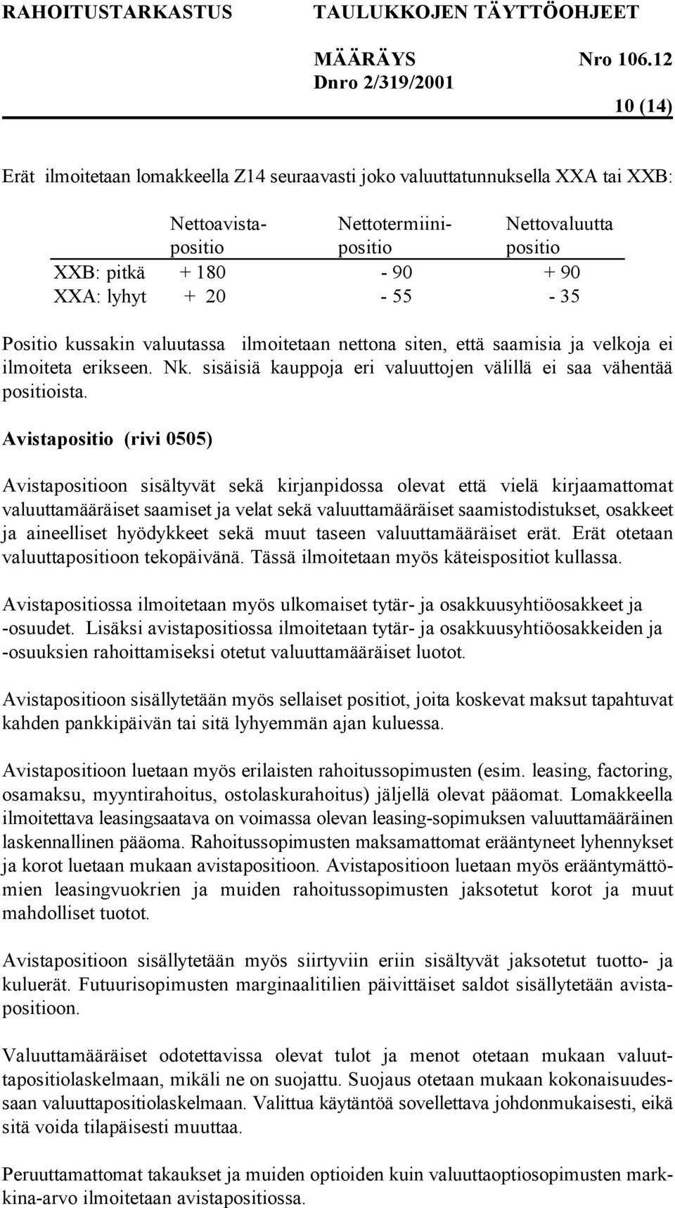 Avistapositio (rivi 0505) Avistapositioon sisältyvät sekä kirjanpidossa olevat että vielä kirjaamattomat valuuttamääräiset saamiset ja velat sekä valuuttamääräiset saamistodistukset, osakkeet ja