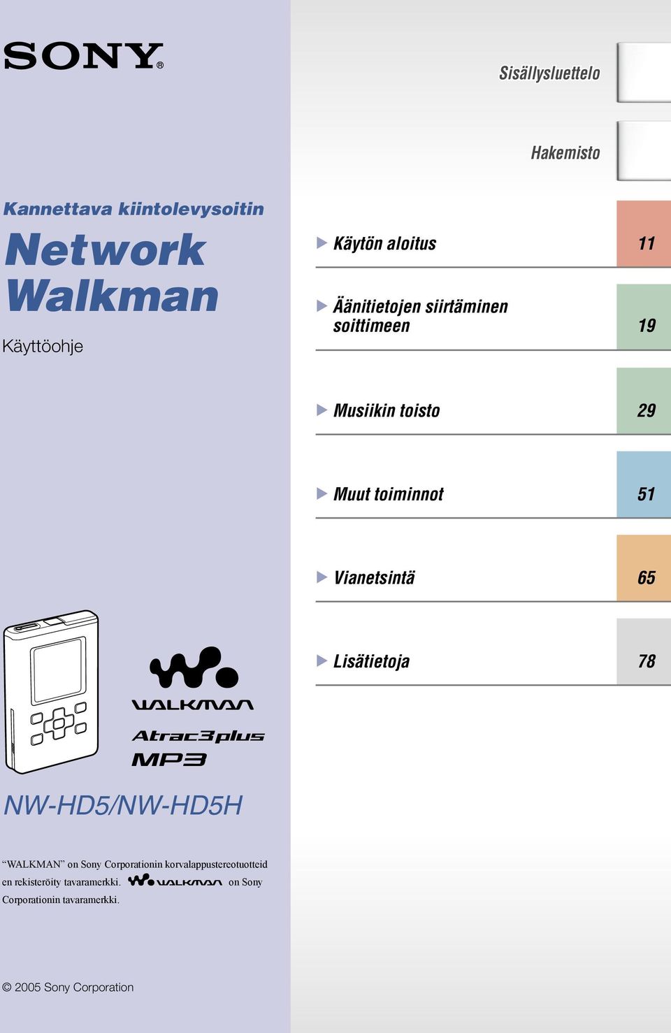 Vianetsintä 65 Lisätietoja 78 NW-HD5/NW-HD5H WALKMAN on Sony Corporationin