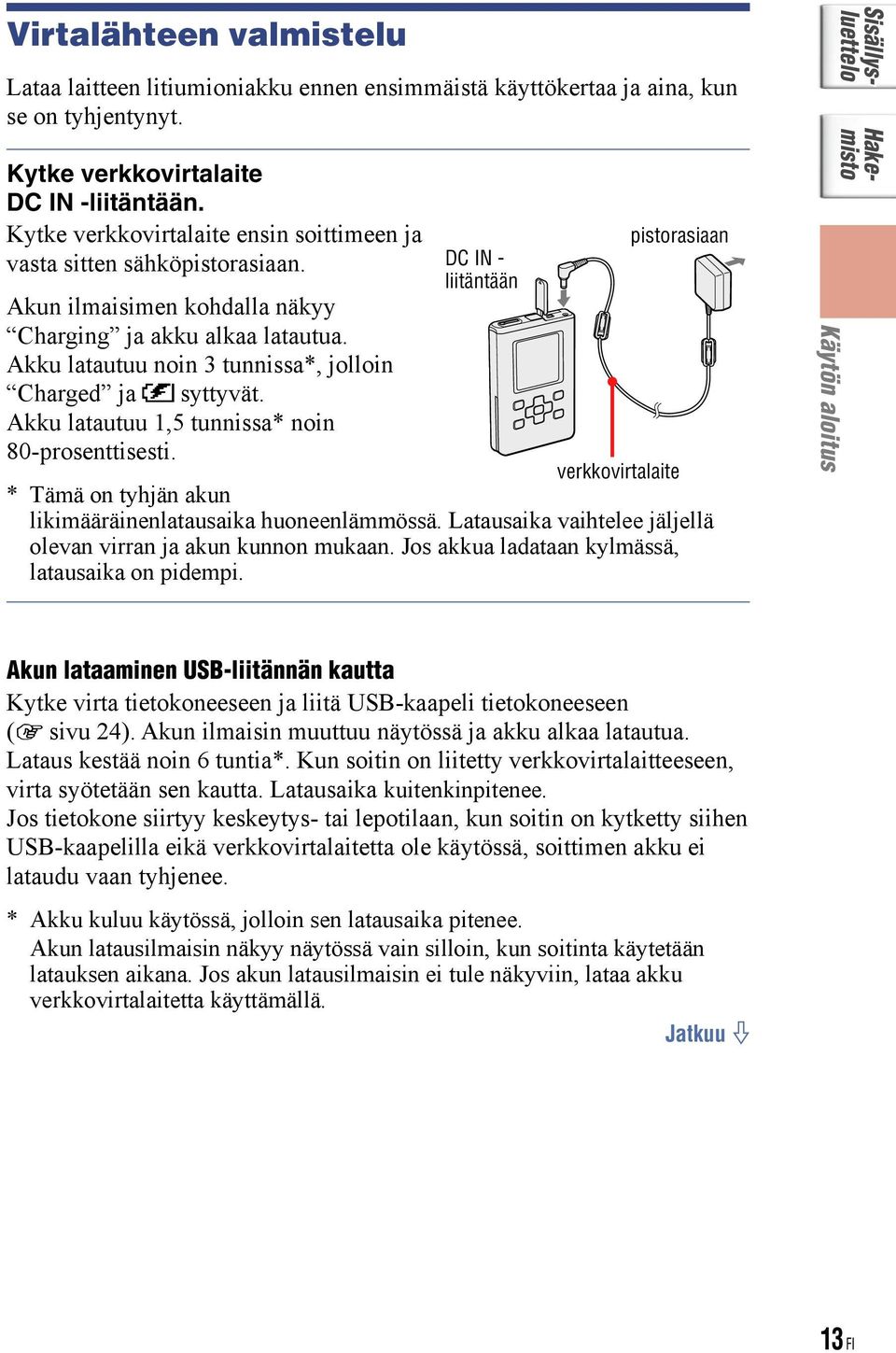 Akku latautuu 1,5 tunnissa* noin 80-prosenttisesti. DC IN - liitäntään pistorasiaan verkkovirtalaite * Tämä on tyhjän akun likimääräinenlatausaika huoneenlämmössä.