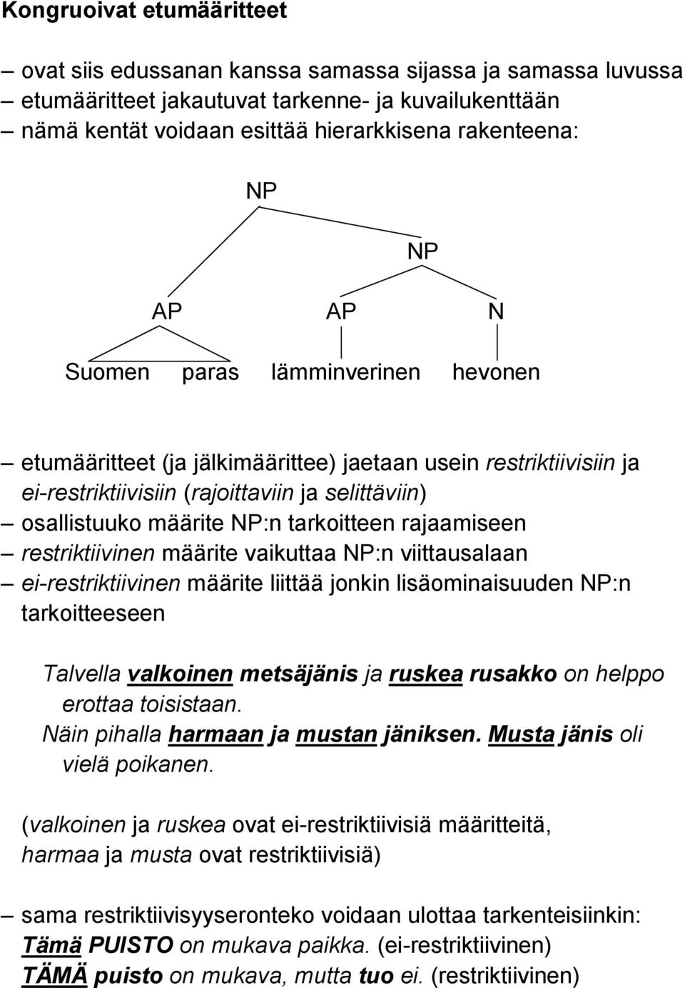 tarkoitteen rajaamiseen restriktiivinen määrite vaikuttaa NP:n viittausalaan ei-restriktiivinen määrite liittää jonkin lisäominaisuuden NP:n tarkoitteeseen Talvella valkoinen metsäjänis ja ruskea