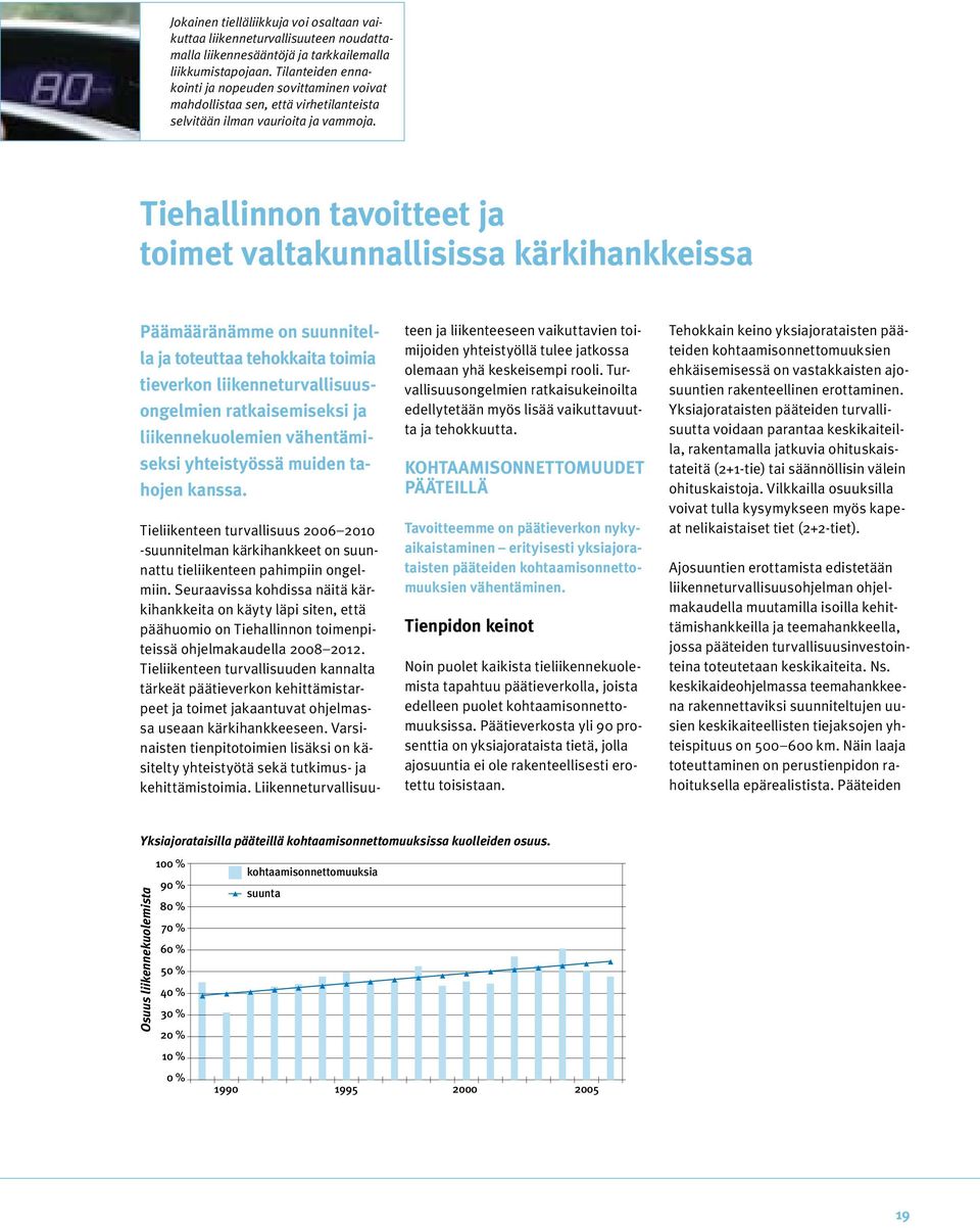 Tiehallinnon tavoitteet ja toimet valtakunnallisissa kärkihankkeissa Päämääränämme on suunnitella ja toteuttaa tehokkaita toimia tieverkon liikenneturvallisuusongelmien ratkaisemiseksi ja