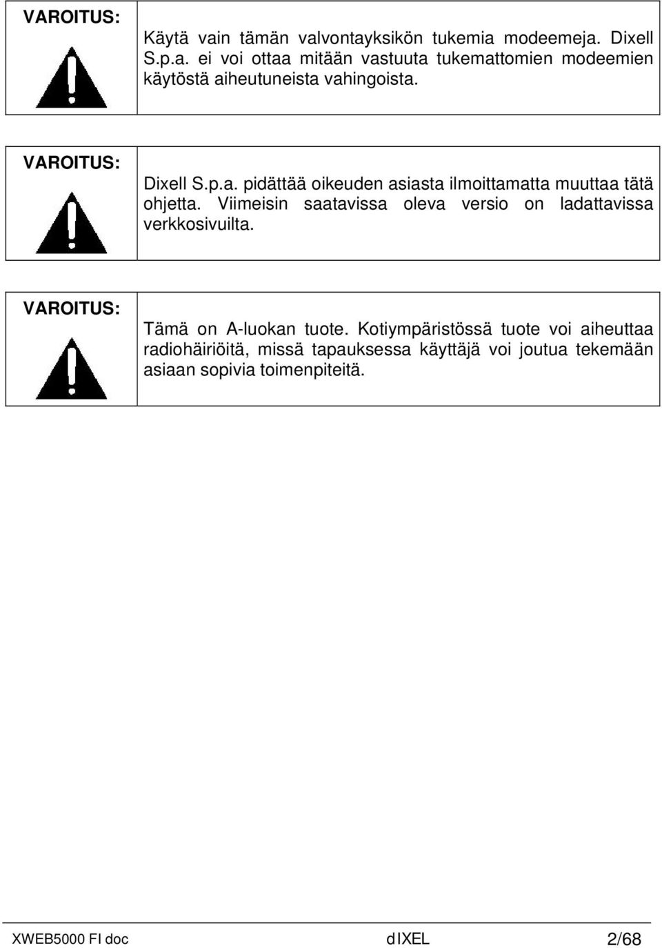 Viimeisin saatavissa oleva versio on ladattavissa verkkosivuilta. VAROITUS: Tämä on A-luokan tuote.