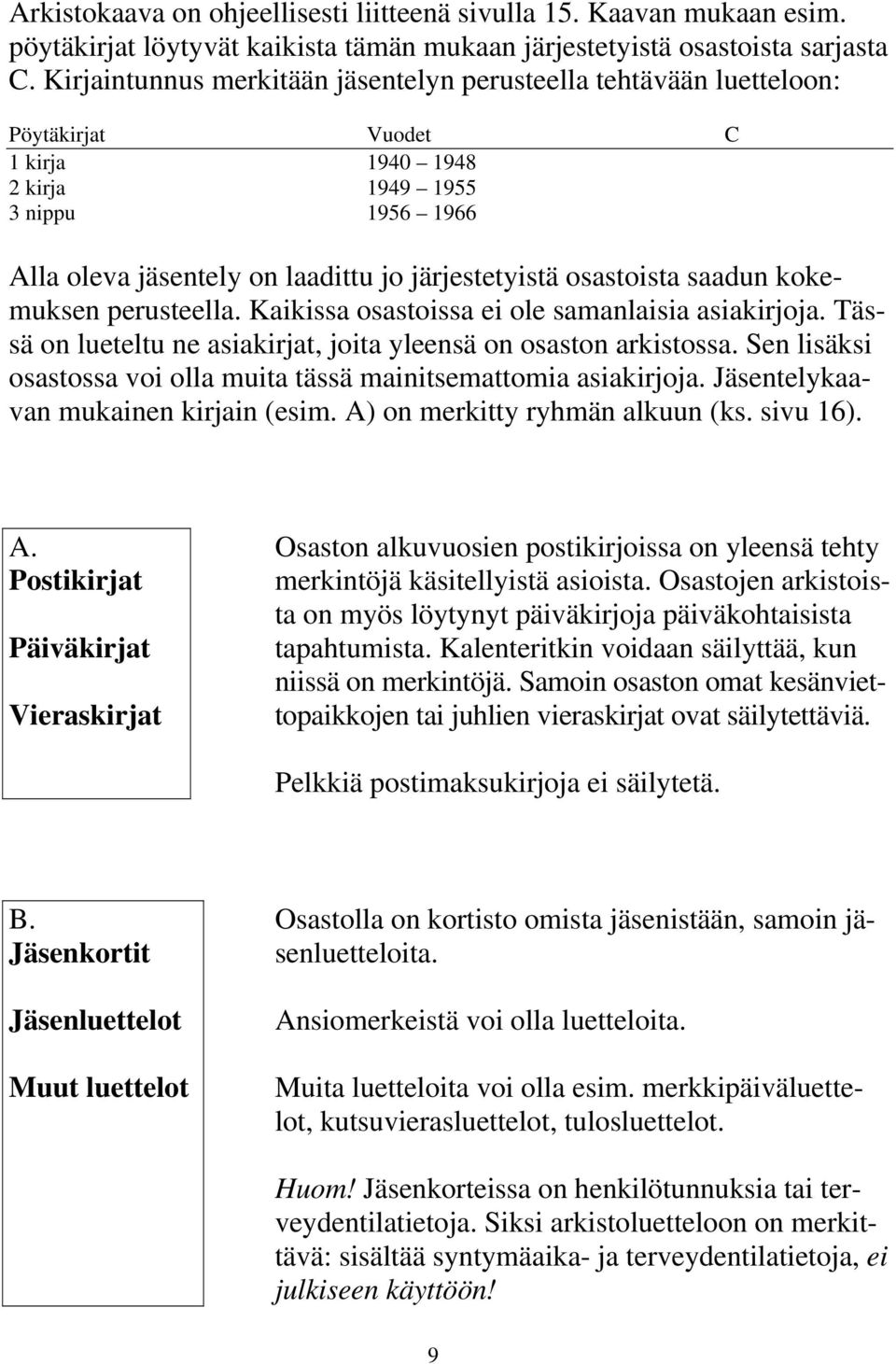 osastoista saadun kokemuksen perusteella. Kaikissa osastoissa ei ole samanlaisia asiakirjoja. Tässä on lueteltu ne asiakirjat, joita yleensä on osaston arkistossa.