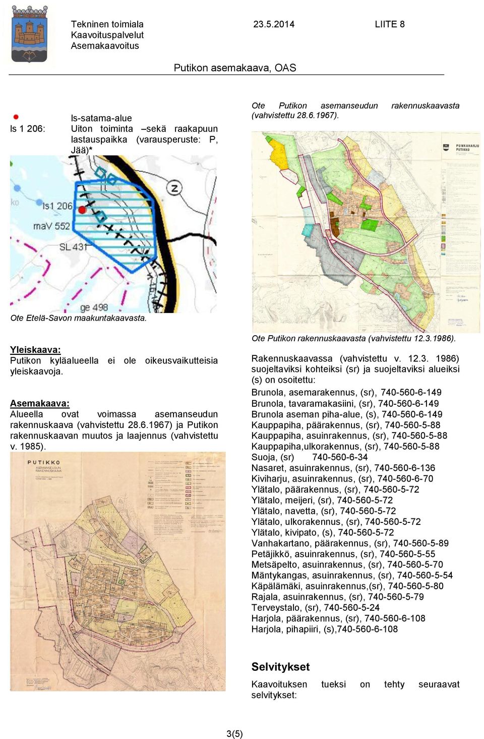 1967) ja Putikon rakennuskaavan muutos ja laajennus (vahvistettu v. 1985). Ote Putikon rakennuskaavasta (vahvistettu 12.3.