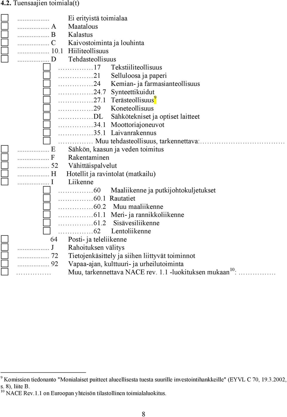 1 Terästeollisuus 9 29 Koneteollisuus DL Sähkötekniset ja optiset laitteet 34.1 Moottoriajoneuvot 35.1 Laivanrakennus Muu tehdasteollisuus, tarkennettava:... E Sähkön, kaasun ja veden toimitus.