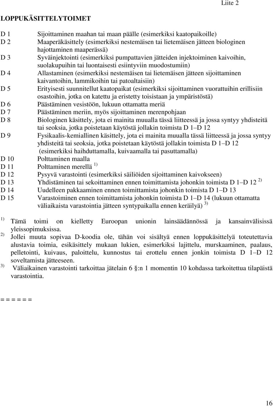 lietemäisen jätteen sijoittaminen kaivantoihin, lammikoihin tai patoaltaisiin) D 5 Erityisesti suunnitellut kaatopaikat (esimerkiksi sijoittaminen vuorattuihin erillisiin osastoihin, jotka on katettu