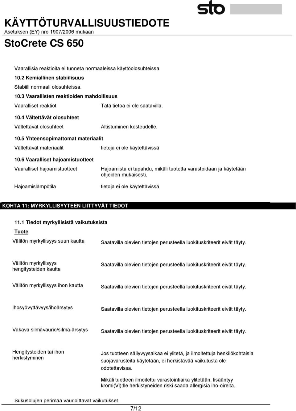 6 Vaaralliset hajoamistuotteet Vaaralliset hajoamistuotteet Hajoamislämpötila Hajoamista ei tapahdu, mikäli tuotetta varastoidaan ja käytetään ohjeiden mukaisesti.