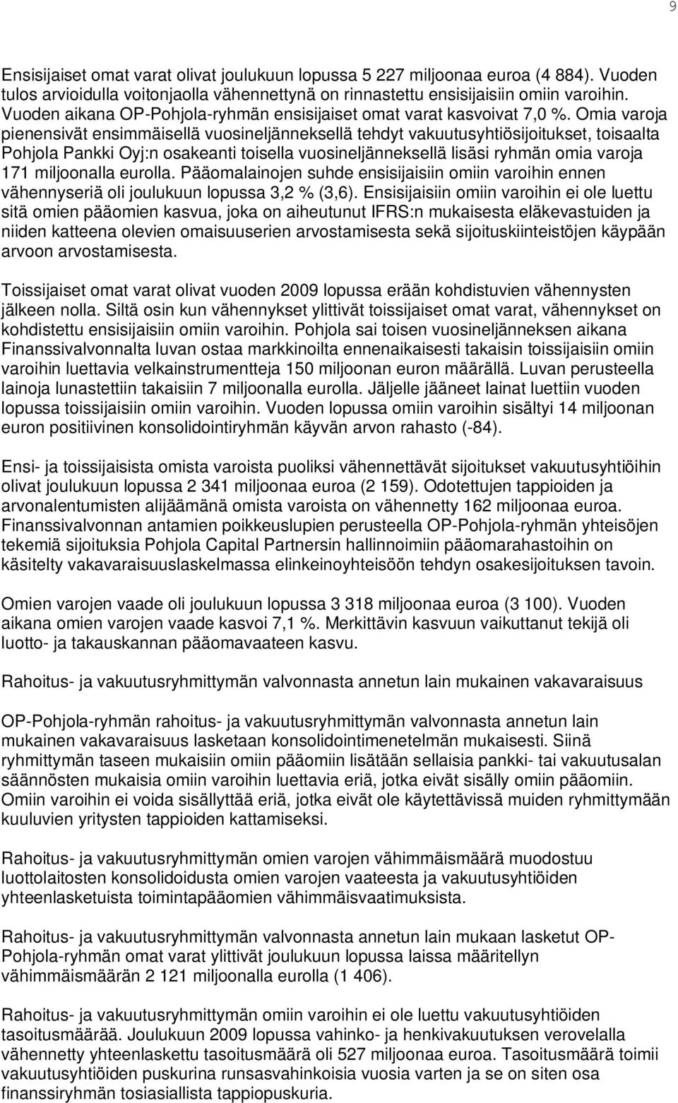 Omia varoja pienensivät ensimmäisellä vuosineljänneksellä tehdyt vakuutusyhtiösijoitukset, toisaalta Pohjola Pankki Oyj:n osakeanti toisella vuosineljänneksellä lisäsi ryhmän omia varoja 171