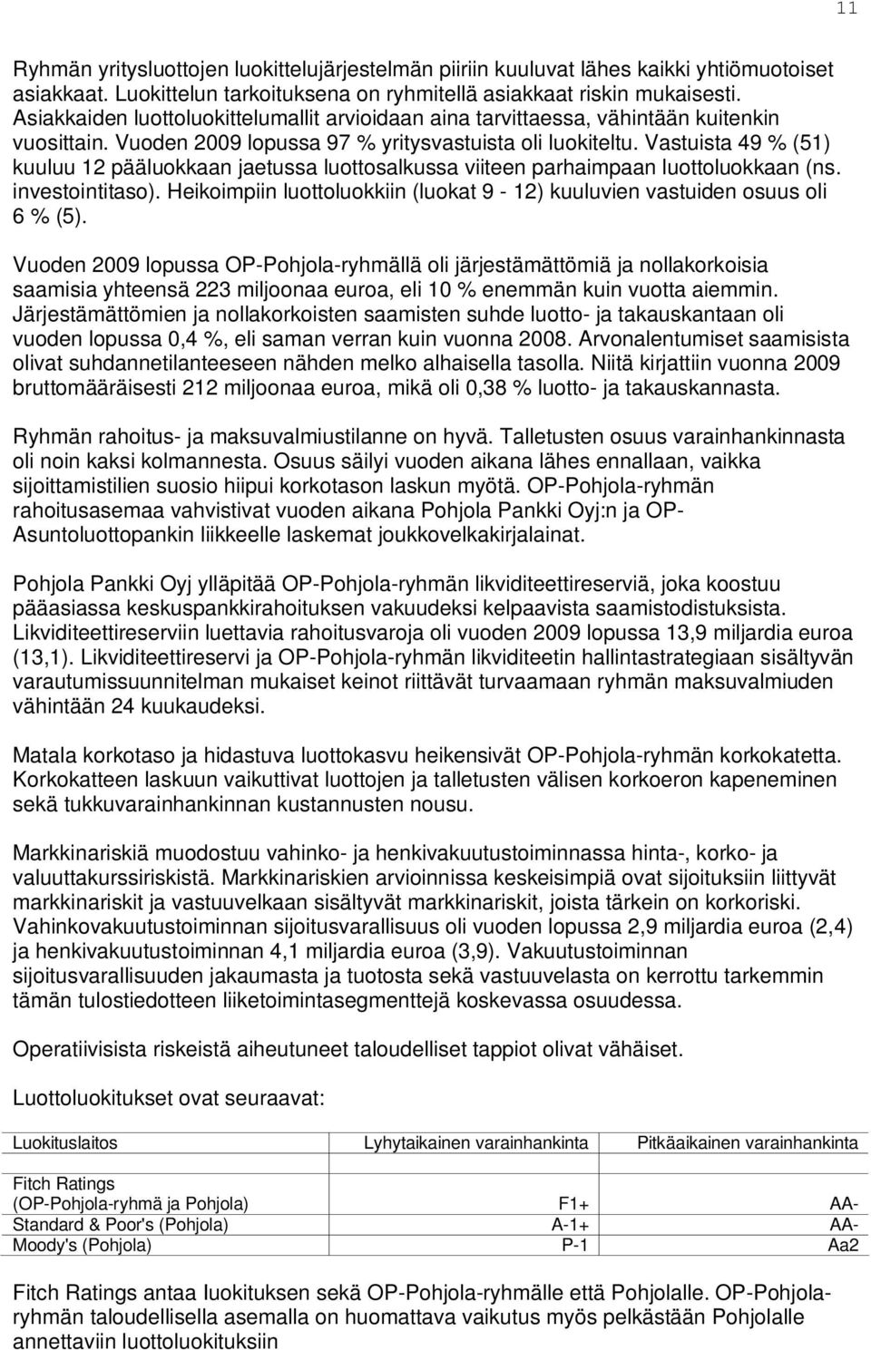 Vastuista 49 % (51) kuuluu 12 pääluokkaan jaetussa luottosalkussa viiteen parhaimpaan luottoluokkaan (ns. investointitaso).
