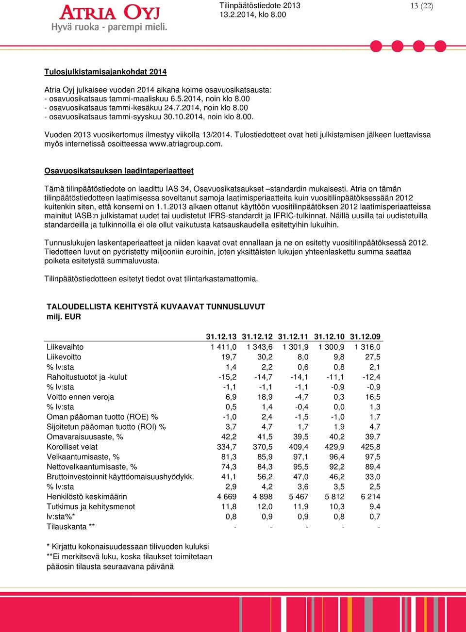 Tulostiedotteet ovat heti julkistamisen jälkeen luettavissa myös internetissä osoitteessa www.atriagroup.com.