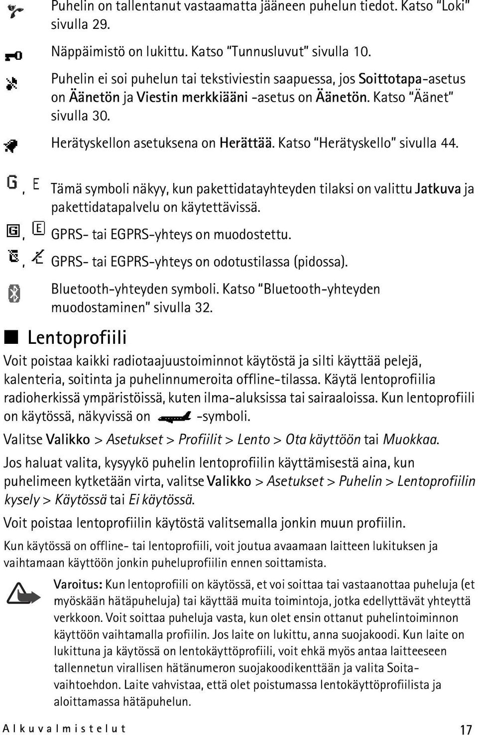 Katso Herätyskello sivulla 44., Tämä symboli näkyy, kun pakettidatayhteyden tilaksi on valittu Jatkuva ja pakettidatapalvelu on käytettävissä., GPRS- tai EGPRS-yhteys on muodostettu.