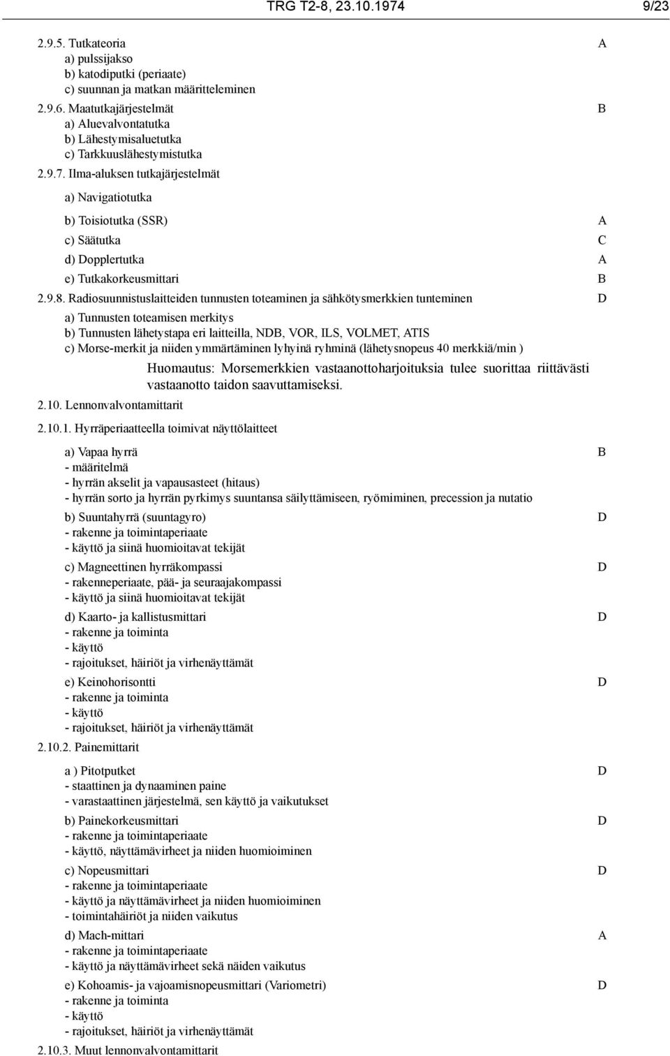 Ilma-aluksen tutkajärjestelmät A B a) Navigatiotutka b) Toisiotutka (SSR) A c) Säätutka d) opplertutka A e) Tutkakorkeusmittari B 2.9.8.