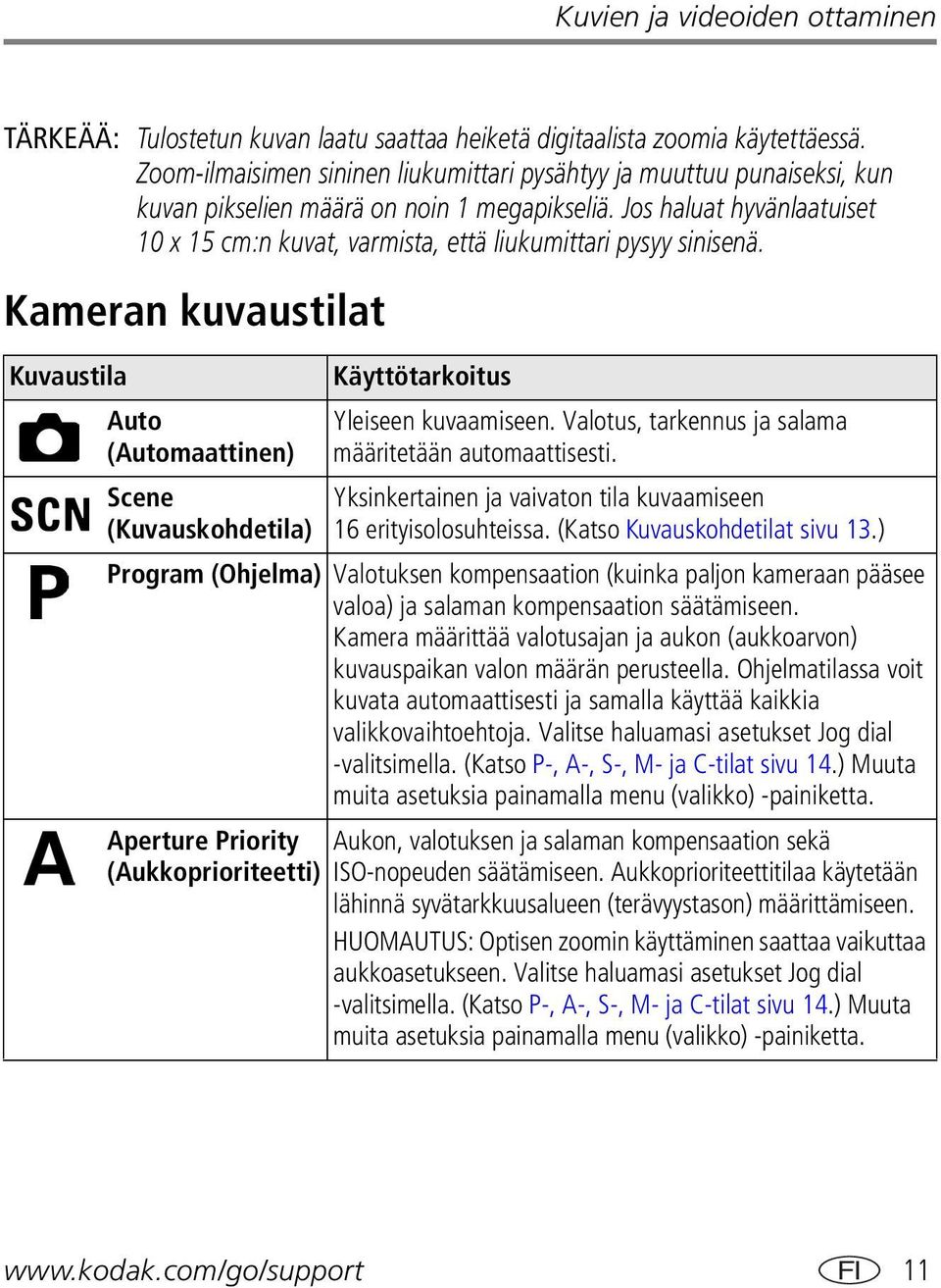 Jos haluat hyvänlaatuiset 10 x 15 cm:n kuvat, varmista, että liukumittari pysyy sinisenä.