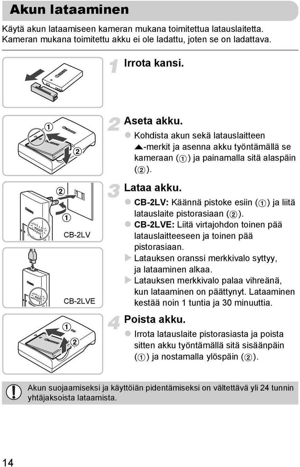 CB-2LV: Käännä pistoke esiin ( ) ja liitä latauslaite pistorasiaan ( ). CB-2LVE: Liitä virtajohdon toinen pää latauslaitteeseen ja toinen pää pistorasiaan.