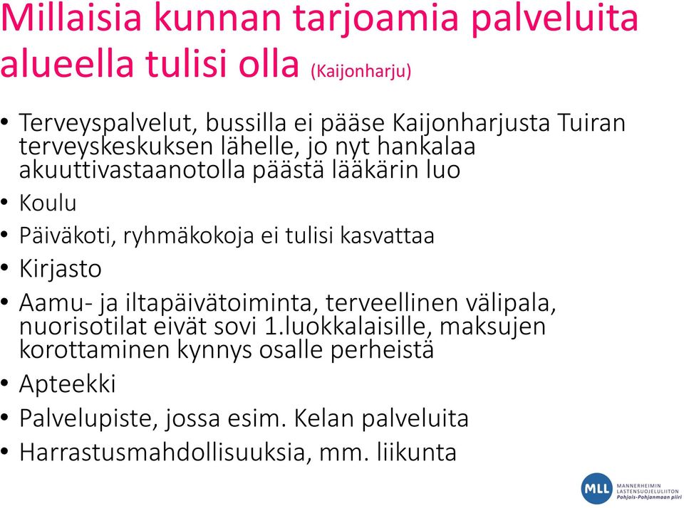 tulisi kasvattaa Kirjasto Aamu- ja iltapäivätoiminta, terveellinen välipala, nuorisotilat eivät sovi 1.