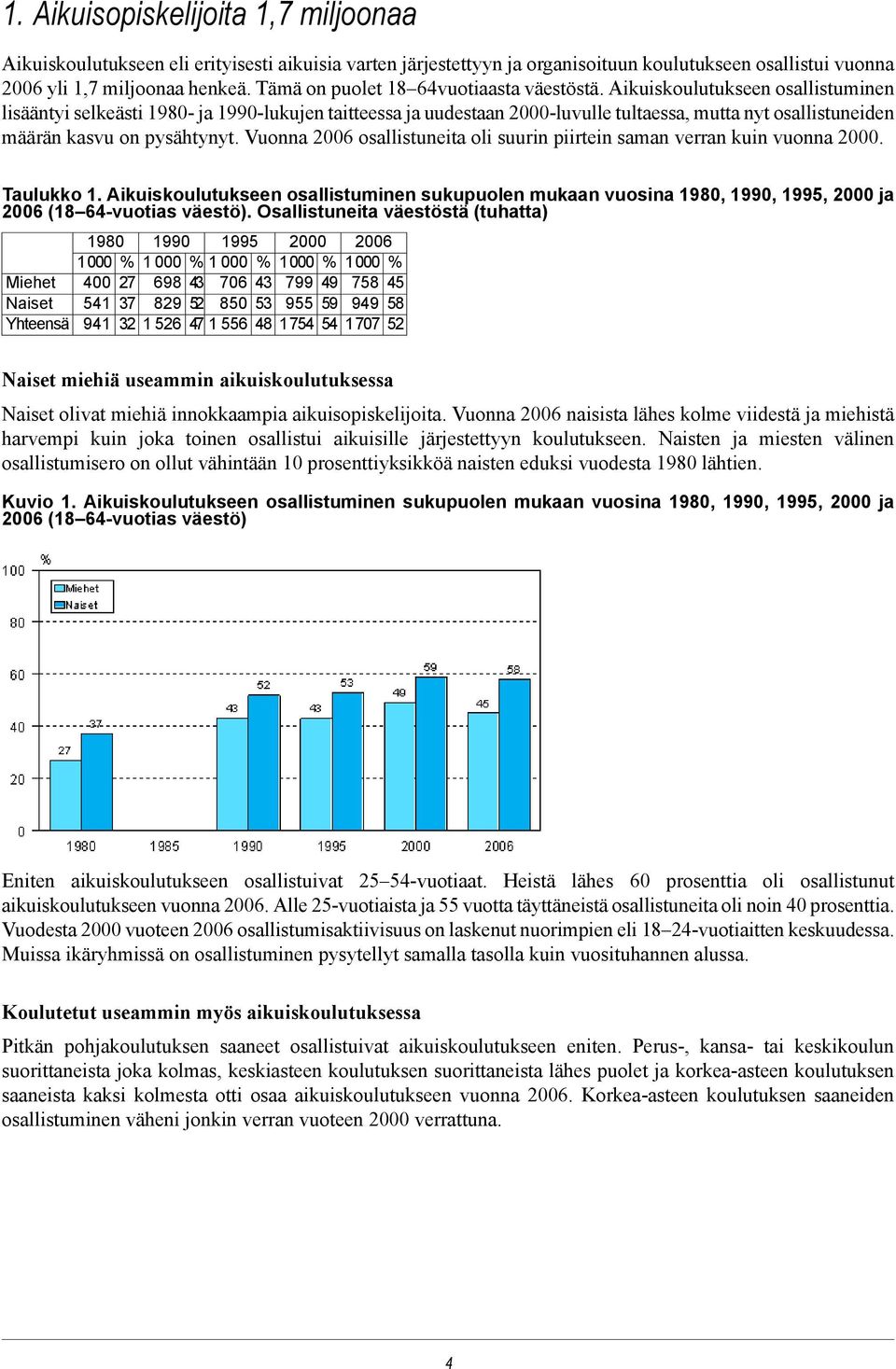 Aikuiskoulutukseen osallistuminen lisääntyi selkeästi 1980- ja 1990-lukujen taitteessa ja uudestaan 2000-luvulle tultaessa, mutta nyt osallistuneiden määrän kasvu on pysähtynyt.