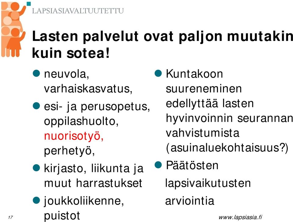 perhetyö, kirjasto, liikunta ja muut harrastukset joukkoliikenne, puistot Kuntakoon