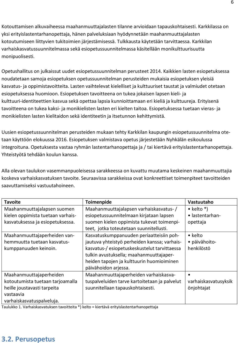 Karkkilan varhaiskasvatussuunnitelmassa sekä esiopetussuunnitelmassa käsi tellään monikulttuurisuutta monipuolisesti. Opetushallitus on julkaissut uudet esiopetussuunnitelman perusteet 2014.