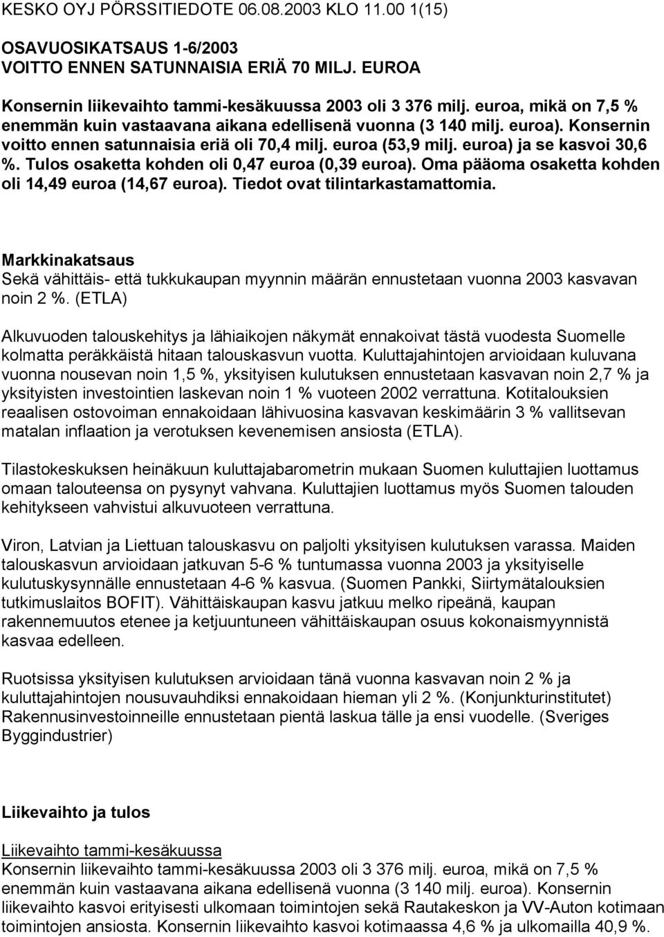 Tulos osaketta kohden oli 0,47 euroa (0,39 euroa). Oma pääoma osaketta kohden oli 14,49 euroa (14,67 euroa). Tiedot ovat tilintarkastamattomia.