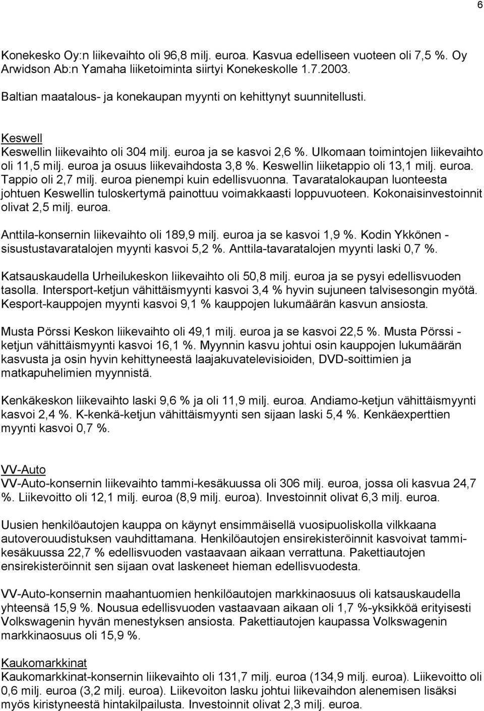 euroa ja osuus liikevaihdosta 3,8 %. Keswellin liiketappio oli 13,1 milj. euroa. Tappio oli 2,7 milj. euroa pienempi kuin edellisvuonna.