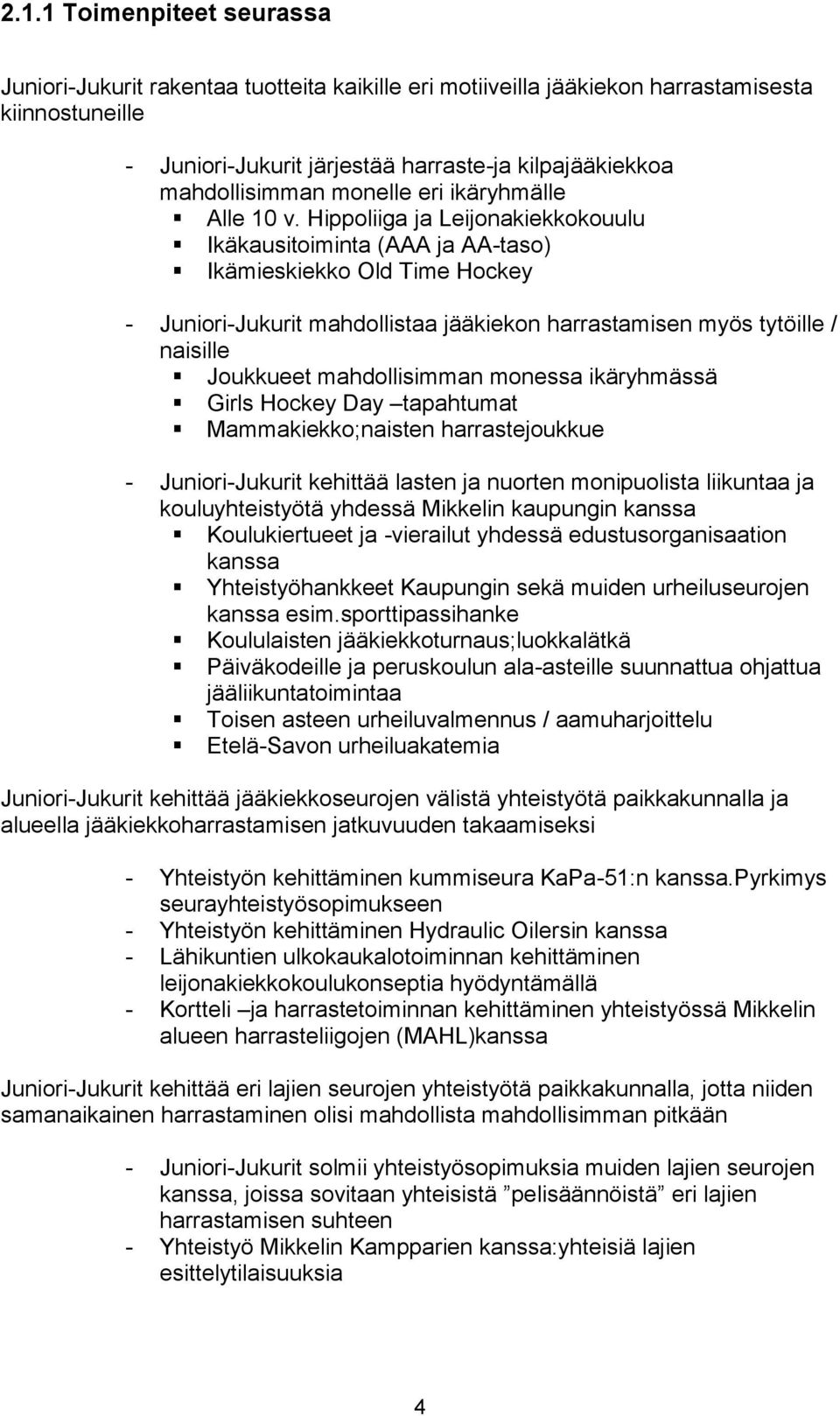 Hippoliiga ja Leijonakiekkokouulu Ikäkausitoiminta (AAA ja AA-taso) Ikämieskiekko Old Time Hockey - Juniori-Jukurit mahdollistaa jääkiekon harrastamisen myös tytöille / naisille Joukkueet