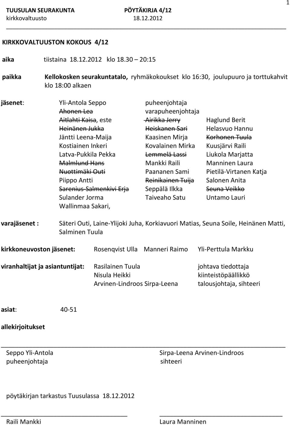 este Airikka Jerry Haglund Berit Heinänen Jukka Heiskanen Sari Helasvuo Hannu Jäntti Leena Maija Kaasinen Mirja Korhonen Tuula Kostiainen Inkeri Kovalainen Mirka Kuusjärvi Raili Latva Pukkila Pekka