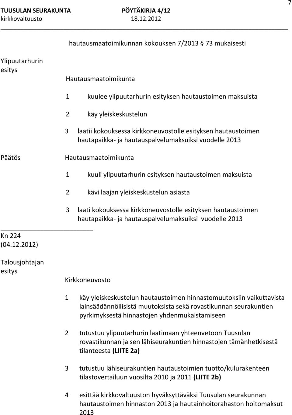 yleiskeskustelun asiasta 3 laati kokouksessa kirkkoneuvostolle esityksen hautaustoimen hautapaikka ja hautauspalvelumaksuiksi vuodelle 2013 Kn 224 (04.12.