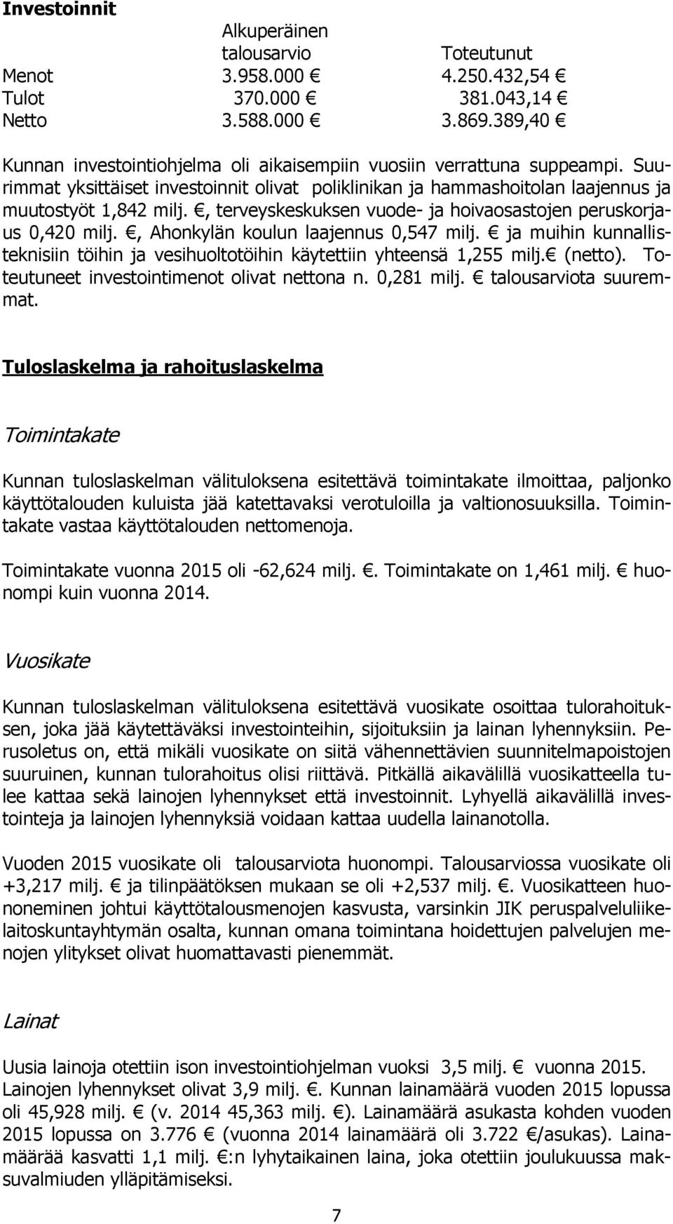 , terveyskeskuksen vuode- ja hoivaosastojen peruskorjaus 0,420 milj., Ahonkylän koulun laajennus 0,547 milj. ja muihin kunnallisteknisiin töihin ja vesihuoltotöihin käytettiin yhteensä 1,255 milj.