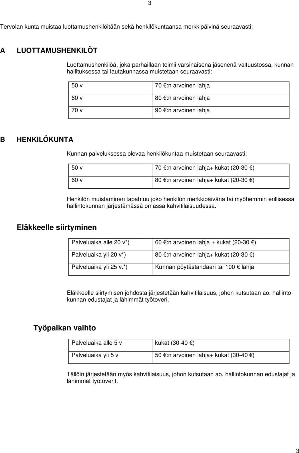 muistetaan seuraavasti: 50 v 70 :n arvoinen lahja+ kukat (20-30 ) 60 v 80 :n arvoinen lahja+ kukat (20-30 ) Henkilön muistaminen tapahtuu joko henkilön merkkipäivänä tai myöhemmin erillisessä