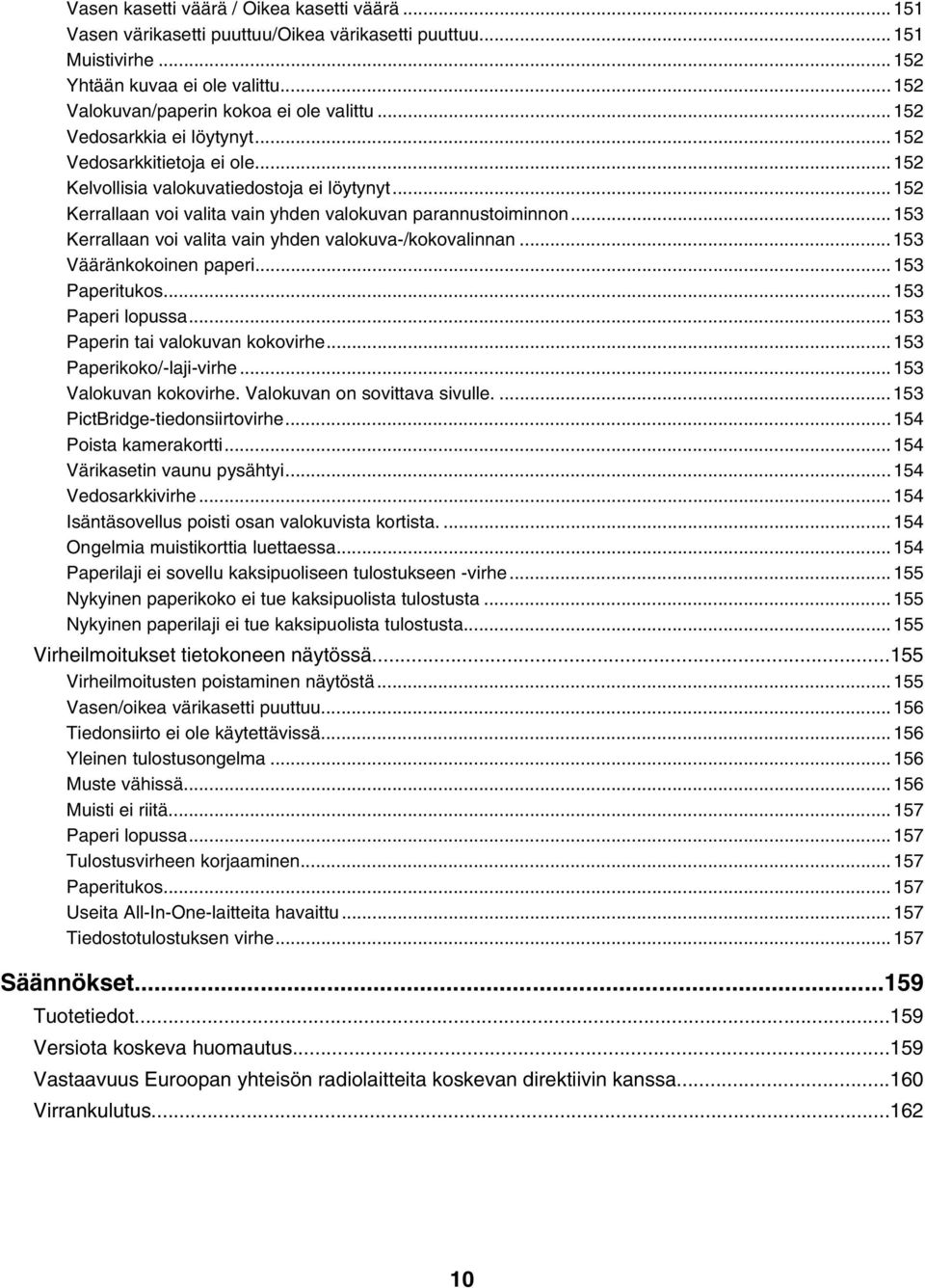 ..153 Kerrallaan voi valita vain yhden valokuva-/kokovalinnan...153 Vääränkokoinen paperi...153 Paperitukos...153 Paperi lopussa...153 Paperin tai valokuvan kokovirhe...153 Paperikoko/-laji-virhe.