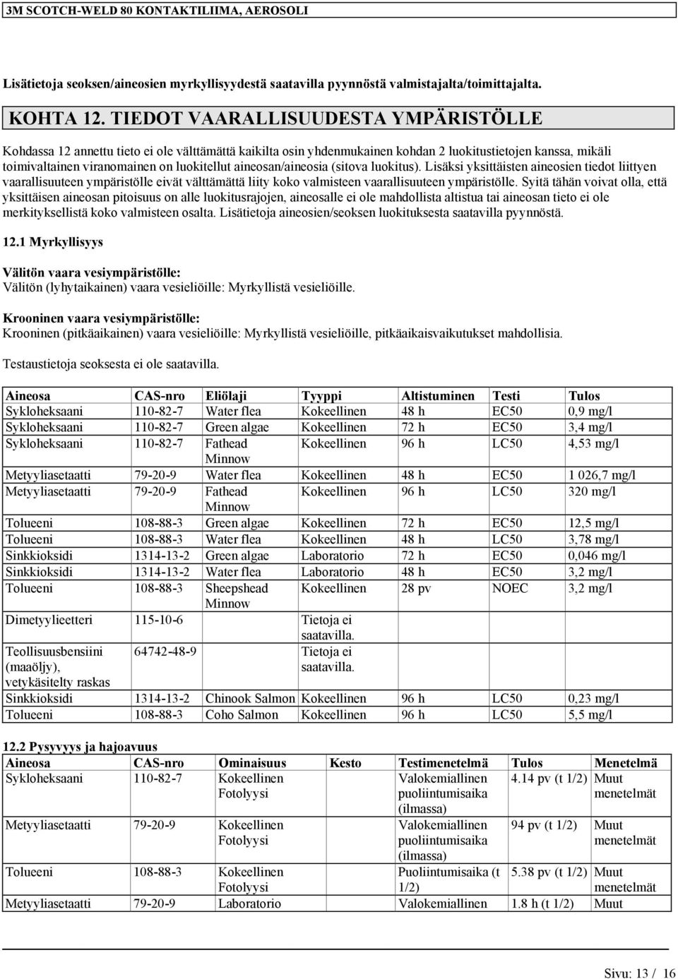 aineosan/aineosia (sitova luokitus). Lisäksi yksittäisten aineosien tiedot liittyen vaarallisuuteen ympäristölle eivät välttämättä liity koko valmisteen vaarallisuuteen ympäristölle.