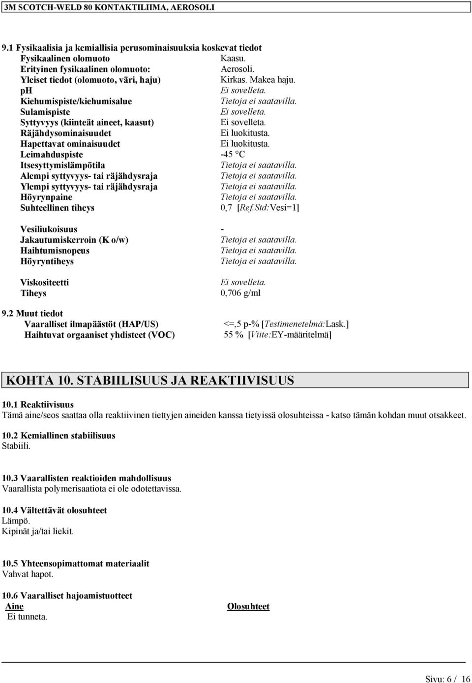 Leimahduspiste -45 C Itsesyttymislämpötila Alempi syttyvyys- tai räjähdysraja Ylempi syttyvyys- tai räjähdysraja Höyrynpaine Suhteellinen tiheys 0,7 [Ref.