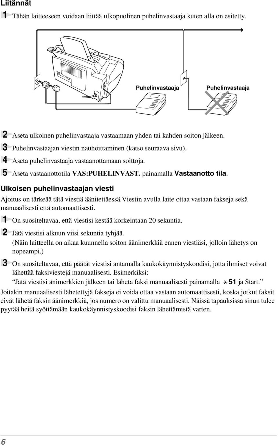 4 Aseta puhelinvastaaja vastaanottamaan soittoja. 5 Aseta vastaanottotila VAS:PUHELINVAST. painamalla Vastaanotto tila. Ulkoisen puhelinvastaajan viesti Ajoitus on tärkeää tätä viestiä äänitettäessä.