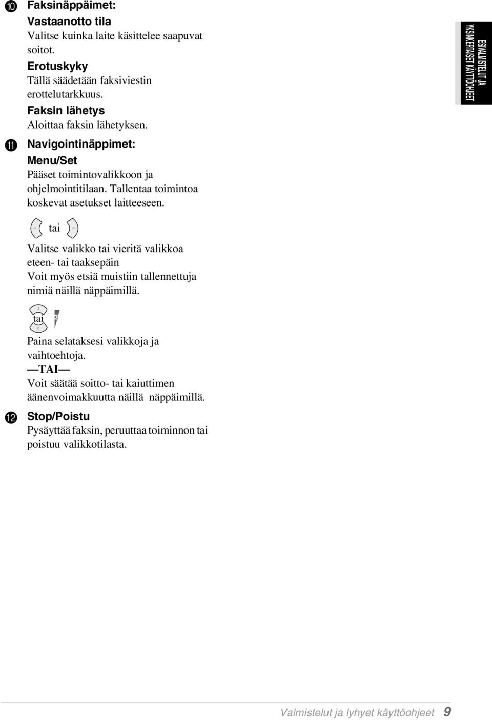 ESIVALMISTELUT JA YKSINKERTAISET KÄYTTÖOHJEET tai Valitse valikko tai vieritä valikkoa eteen- tai taaksepäin Voit myös etsiä muistiin tallennettuja nimiä näillä näppäimillä.