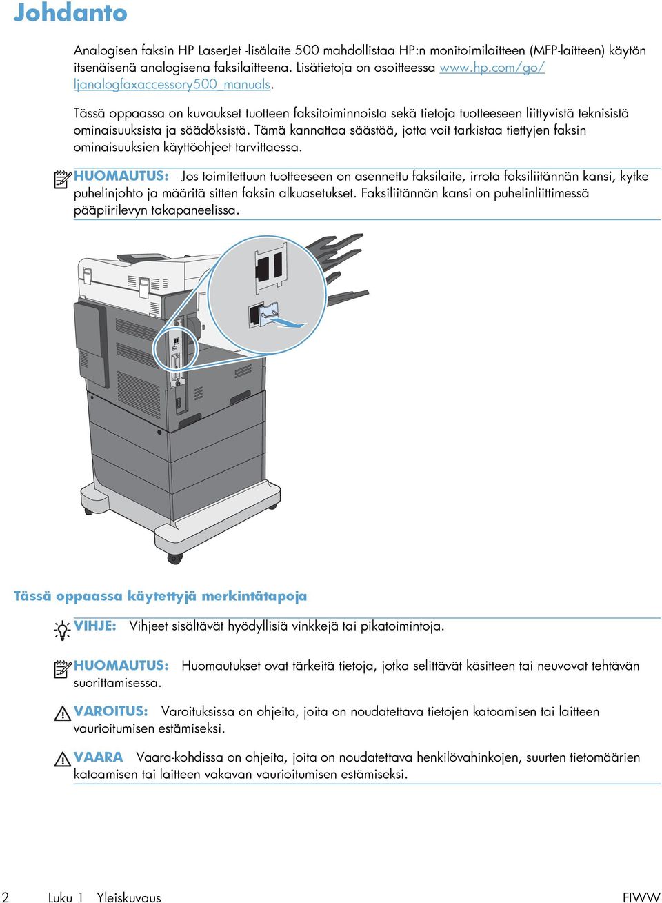 Tämä kannattaa säästää, jotta voit tarkistaa tiettyjen faksin ominaisuuksien käyttöohjeet tarvittaessa.