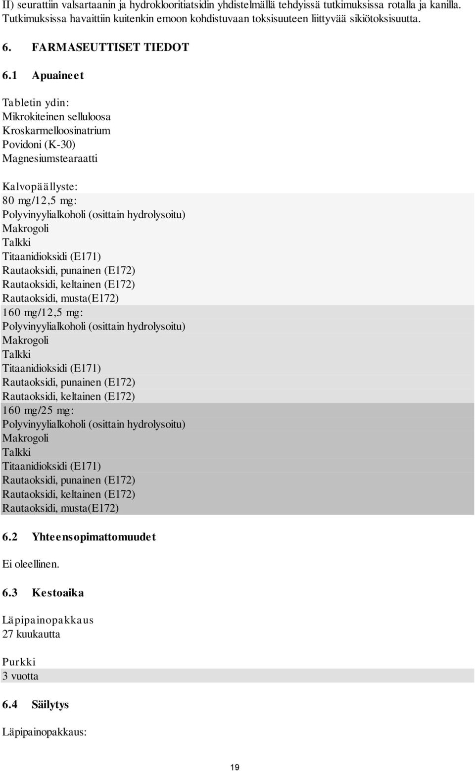 1 Apuaineet Tabletin ydin: Mikrokiteinen selluloosa Kroskarmelloosinatrium Povidoni (K-30) Magnesiumstearaatti Kalvopäällyste: 80 mg/12,5 mg: Polyvinyylialkoholi (osittain hydrolysoitu) Makrogoli