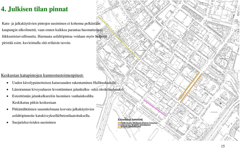 Keskustan katupintojen kunnostustoimenpiteet: Uuden kävelypainotteisen katuosuuden rakentaminen Hallituskadulle Länsirannan kiveysalueen leventäminen jalankulku- sekä