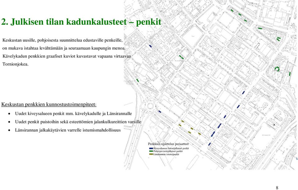 Kävelykadun penkkien graafiset kuviot kuvastavat vapaana virtaavaa Tornionjokea.