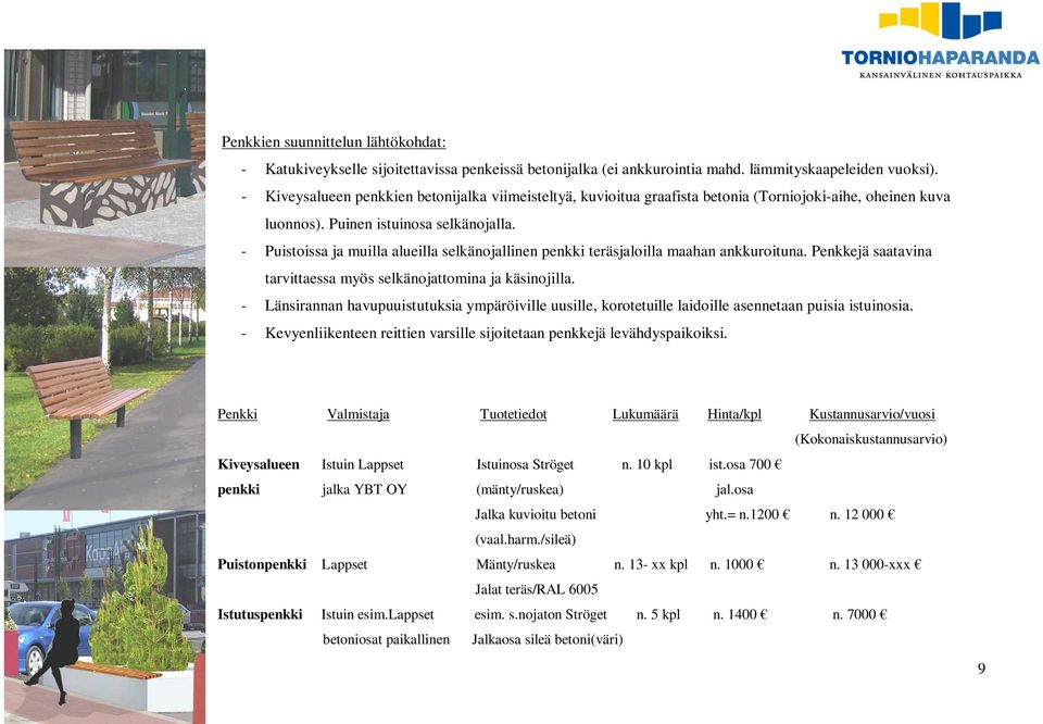 - Puistoissa ja muilla alueilla selkänojallinen penkki teräsjaloilla maahan ankkuroituna. Penkkejä saatavina tarvittaessa myös selkänojattomina ja käsinojilla.