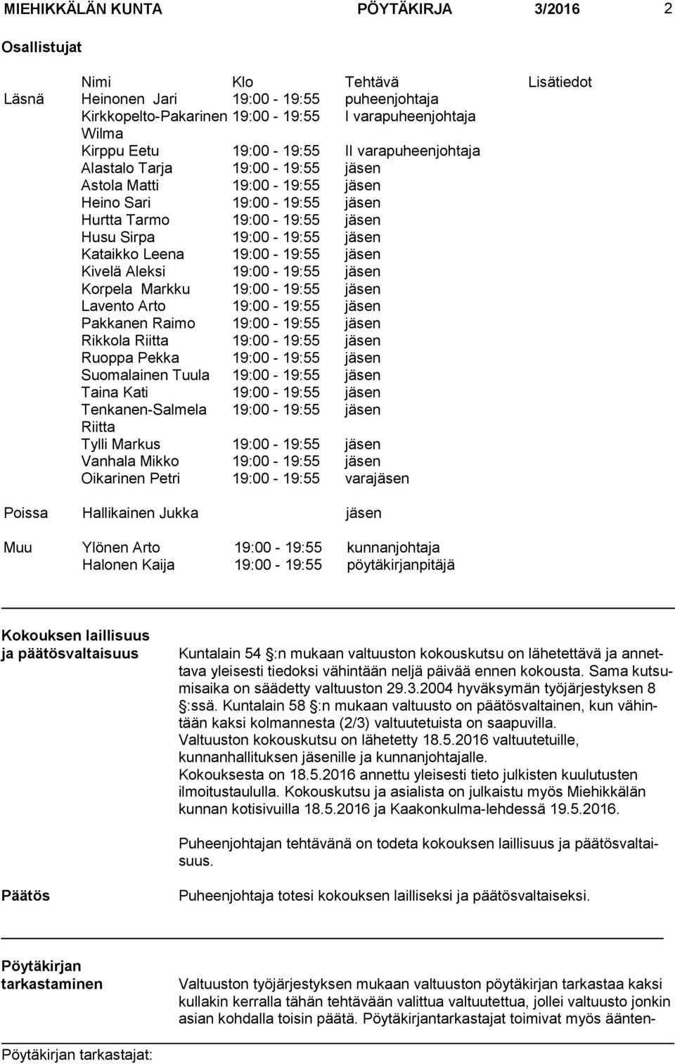 Leena 19:00-19:55 jäsen Kivelä Aleksi 19:00-19:55 jäsen Korpela Markku 19:00-19:55 jäsen Lavento Arto 19:00-19:55 jäsen Pakkanen Raimo 19:00-19:55 jäsen Rikkola Riitta 19:00-19:55 jäsen Ruoppa Pekka