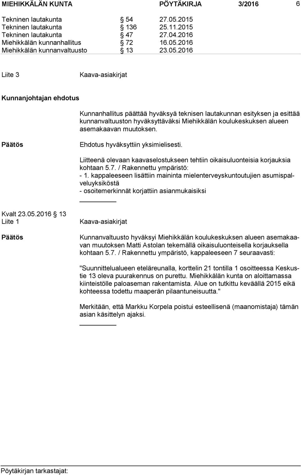 alueen ase ma kaa van muutoksen. Liitteenä olevaan kaavaselostukseen tehtiin oikaisuluonteisia korjauksia koh taan 5.7. / Rakennettu ympäristö: - 1.