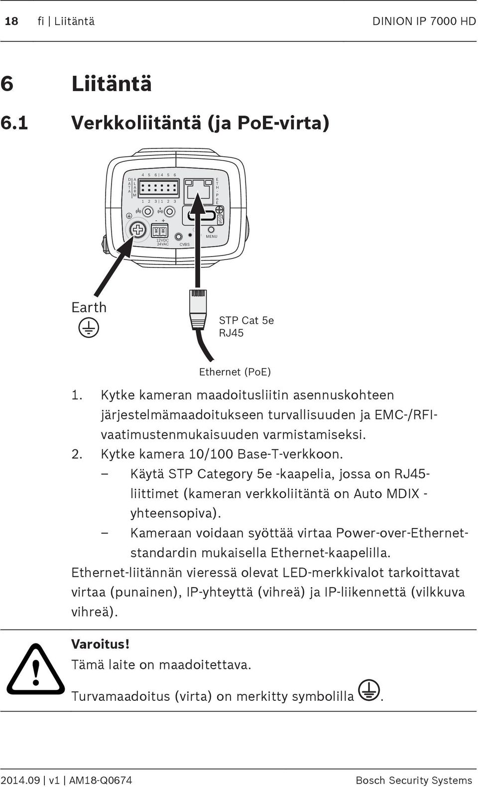 Käytä STP Category 5e -kaapelia, jossa on RJ45- liittimet (kameran verkkoliitäntä on uto MDIX - yhteensopiva).